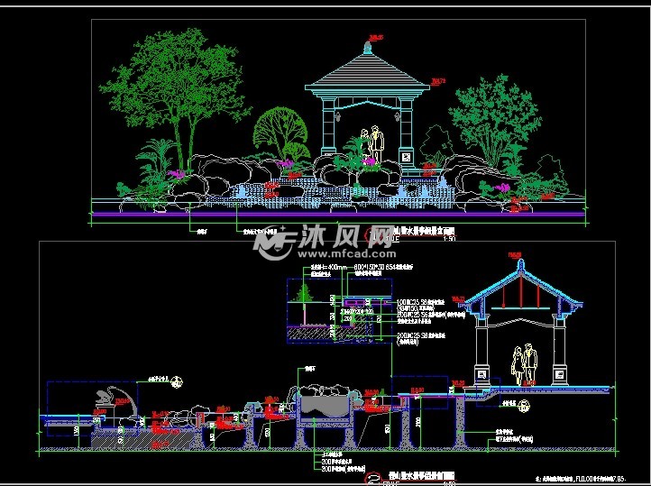 假山景亭混合景观施工图纸立面图和剖面图