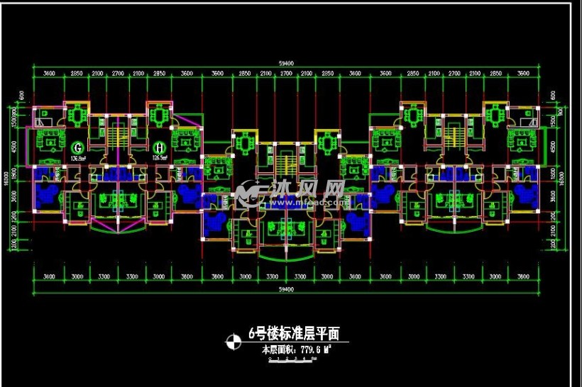 某花园综合住宅建筑6号楼标准层平面