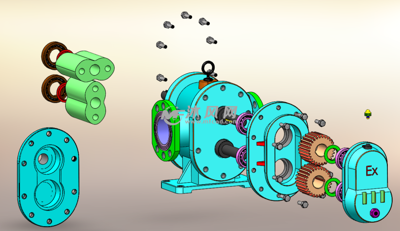 罗茨泵后视图1,罗茨泵转子动画生动形象地展现了泵罗茨泵的内部结构和