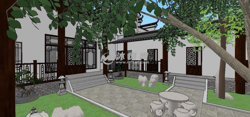中式徽派庭院别墅建筑规划设计模型