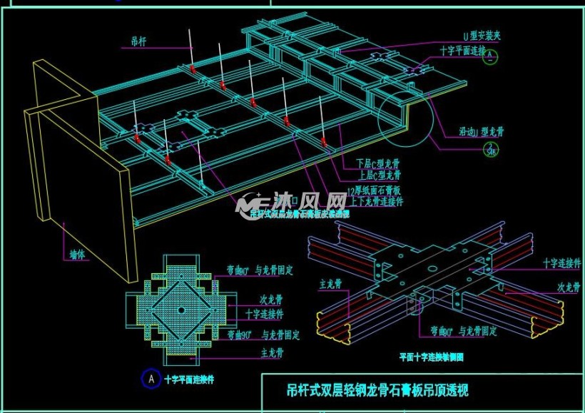 吊杆式双层轻钢龙骨石膏板吊顶透视