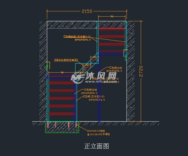 钢结构楼梯室内空间 正立面图