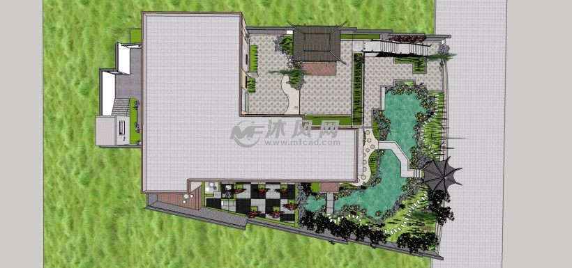 梯台别墅中式庭院花园凉亭古建筑景观设计