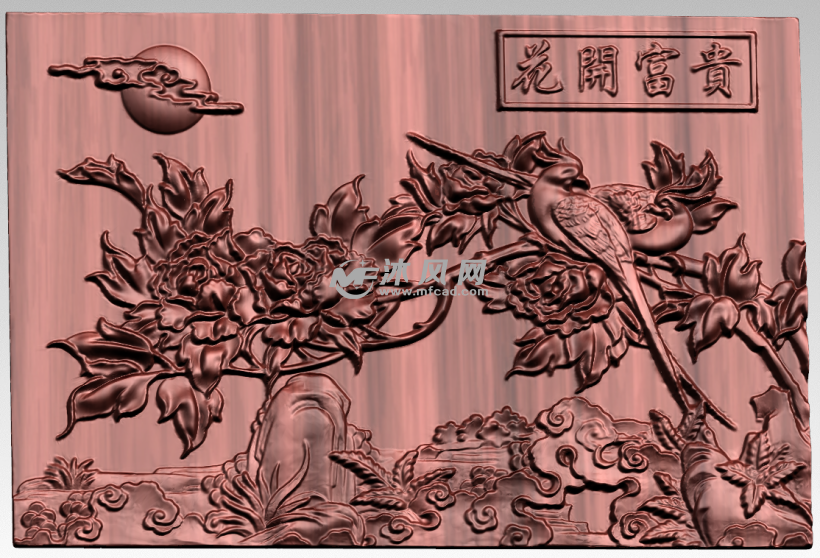 花开富贵横版浮雕木雕模型