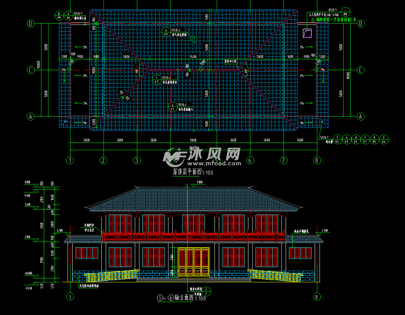 屋顶平面图及背立面图