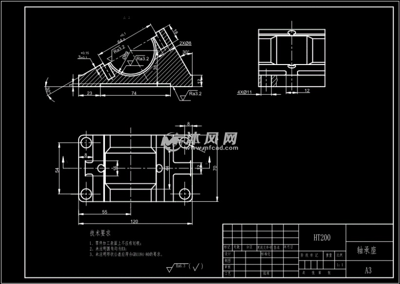 斜边轴承座钻底面4孔夹具设计 - 零部件模型图纸