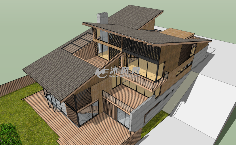 现代住宅家居空间斜面屋顶木结构模型