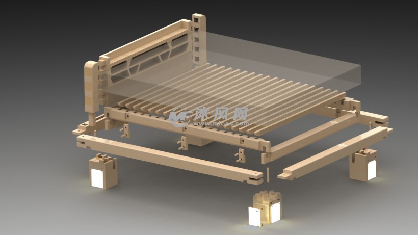 详解的木质双人床设计模型爆炸图