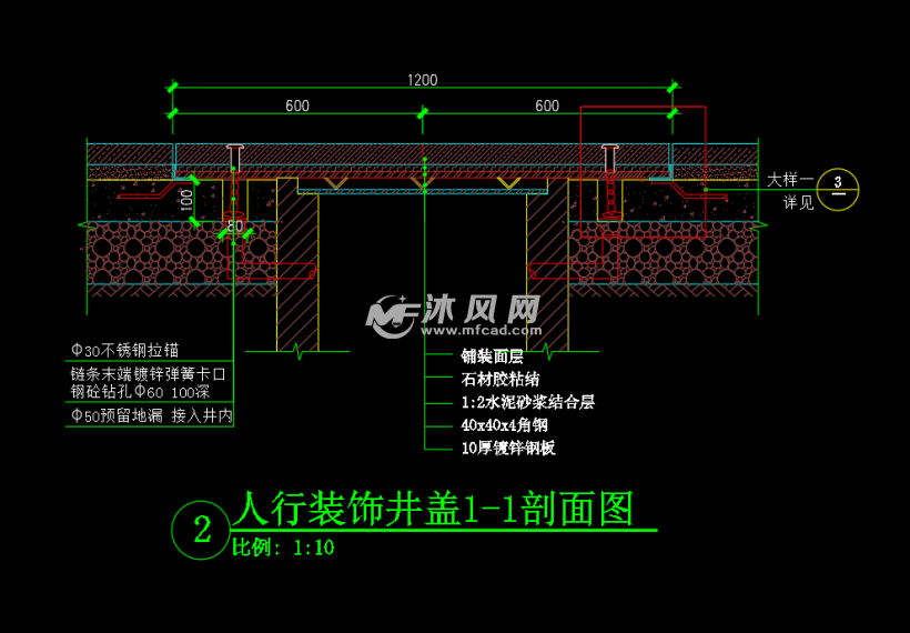 人行装饰井盖1-1剖面图