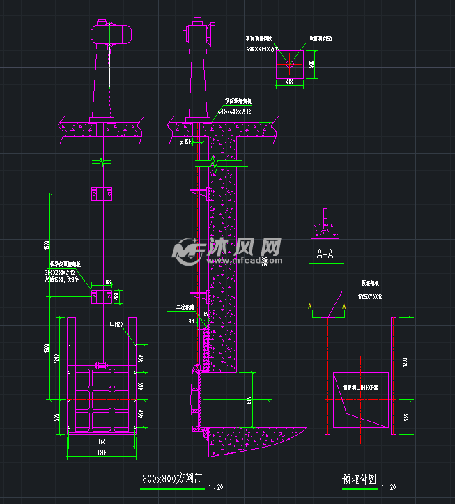 800x800  900x900  1000x1000 正确尺寸标注的矩形附壁方闸门安装详图