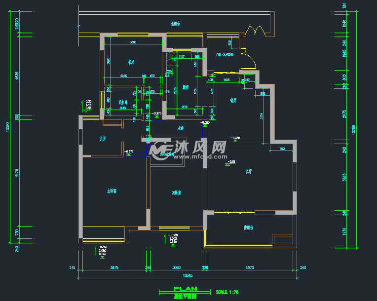 cad建筑图纸 室内设计 三室两厅两卫家装 原始平面图