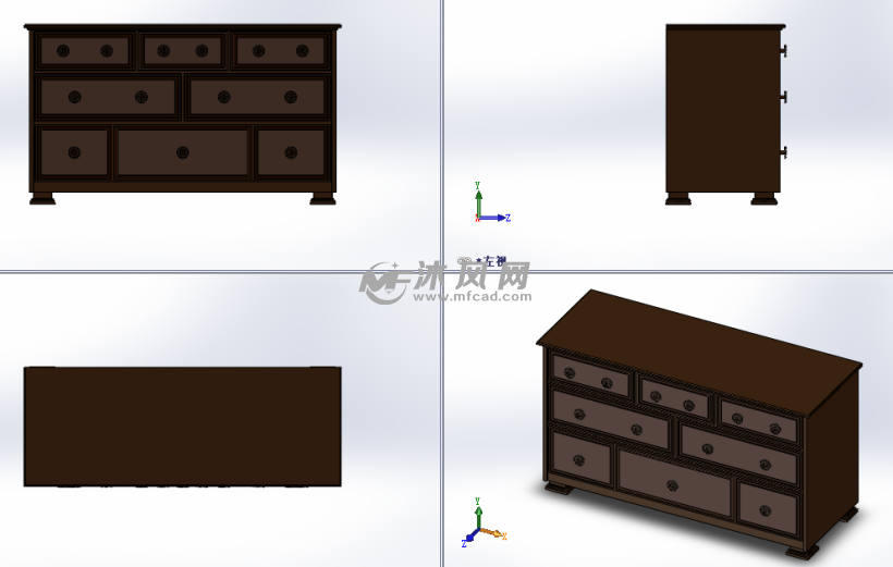 三层抽屉柜模型三视图