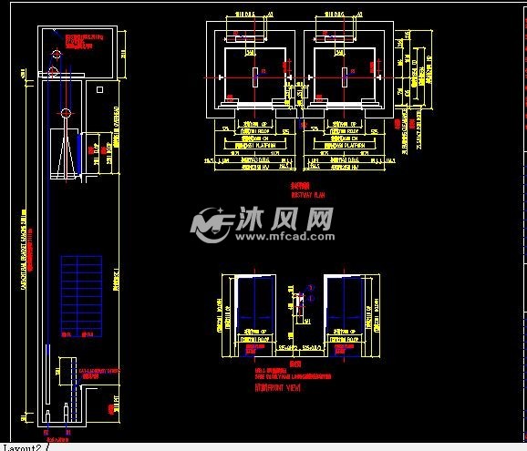 0s单-并-四台群控电梯井及机房图,本图是电梯井道设计结构图,包含电梯