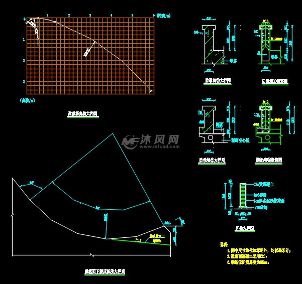 重力坝工程节点详图,包含大坝平面图,大坝下游立视图,大坝纵剖面图