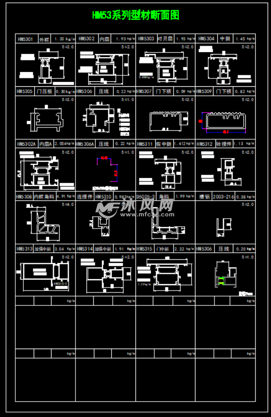 hm53系列型材断面图hm53系列外开断桥铝合金门结构图合页安装节点图