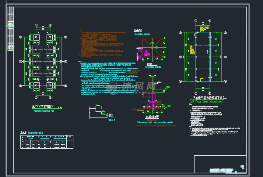 基础结构平面布置图 一层地梁平面布置及梁平法图