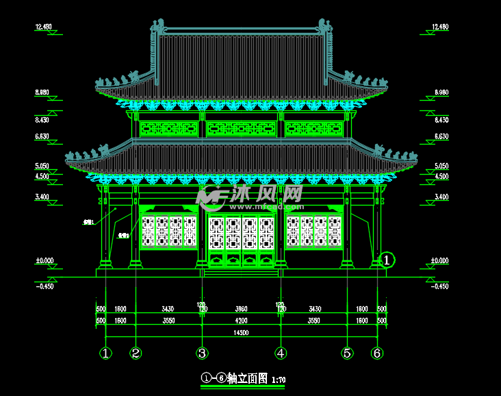 内容一览某地周围廊重檐歇山仿古大雄宝殿建筑图,图纸内容包括平面图