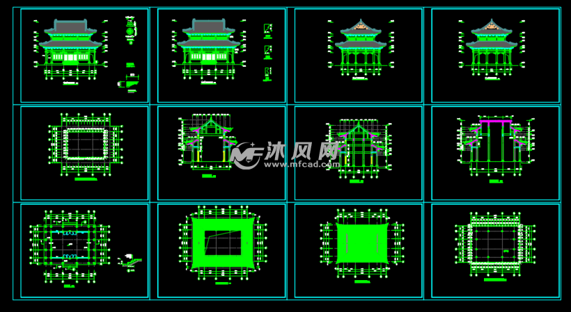 某地周围廊重檐歇山仿古大雄宝殿建筑图,图纸内容包括平面图,4.