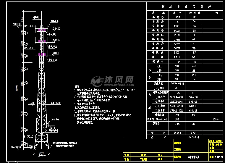 55米通信塔/铁塔结构设计图