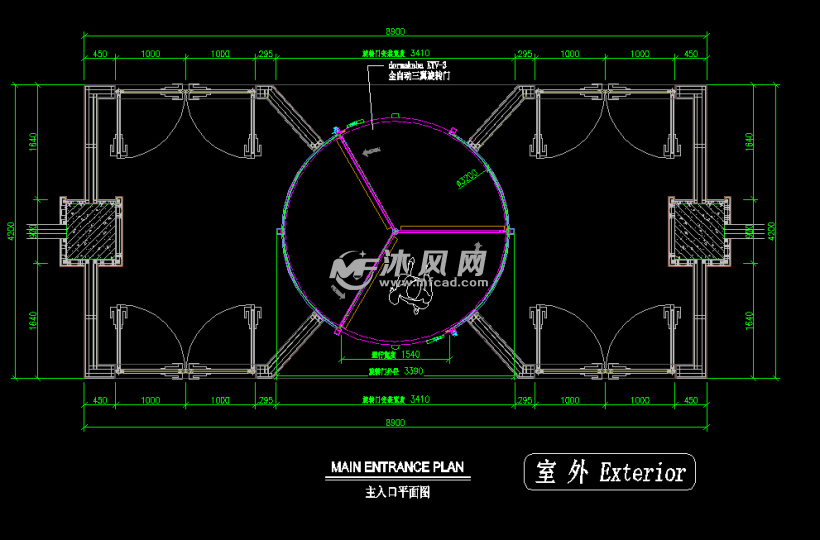 三翼旋转门大门结构节点设计cad施工图