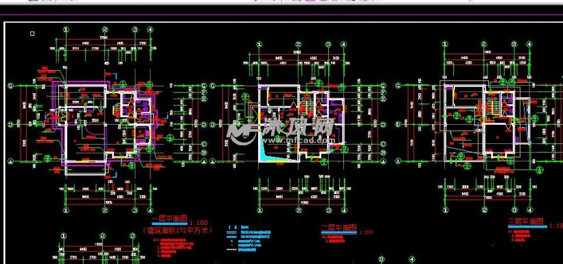 三层别墅平各层施工平面图