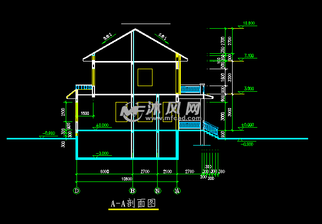 11米×12米农村自建三层别墅剖面图