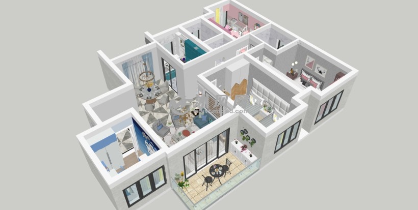 简欧住宅户型草图效果图- 建筑模型图纸 - 沐风网