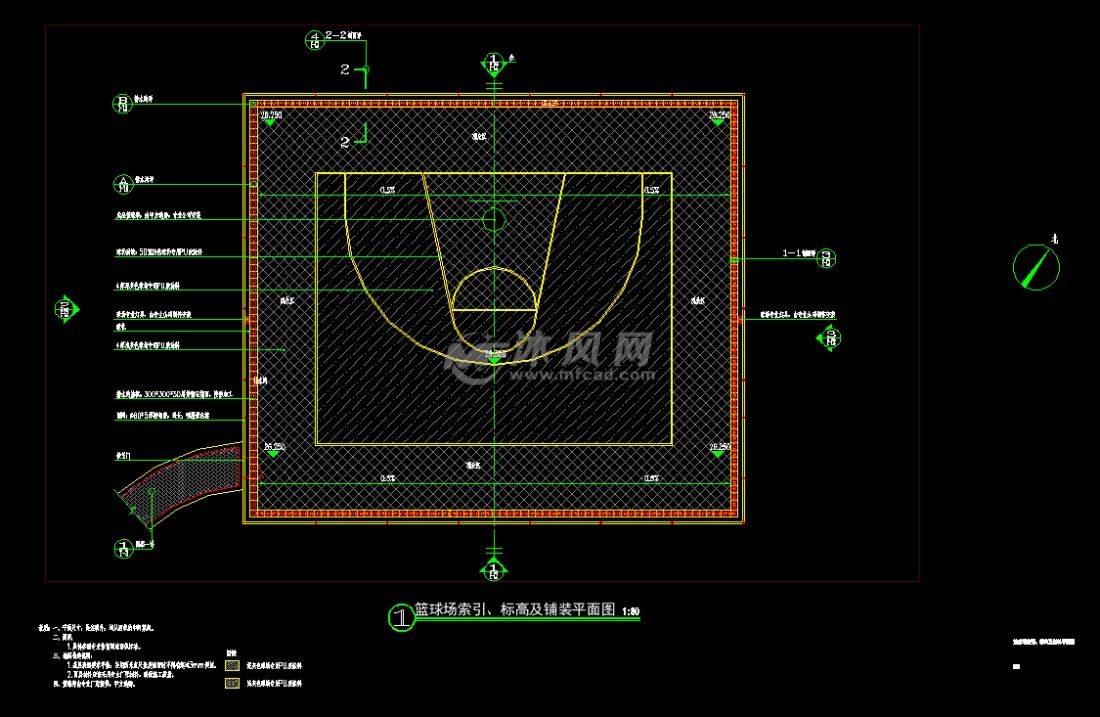 篮球场索引,标高及材料平面图