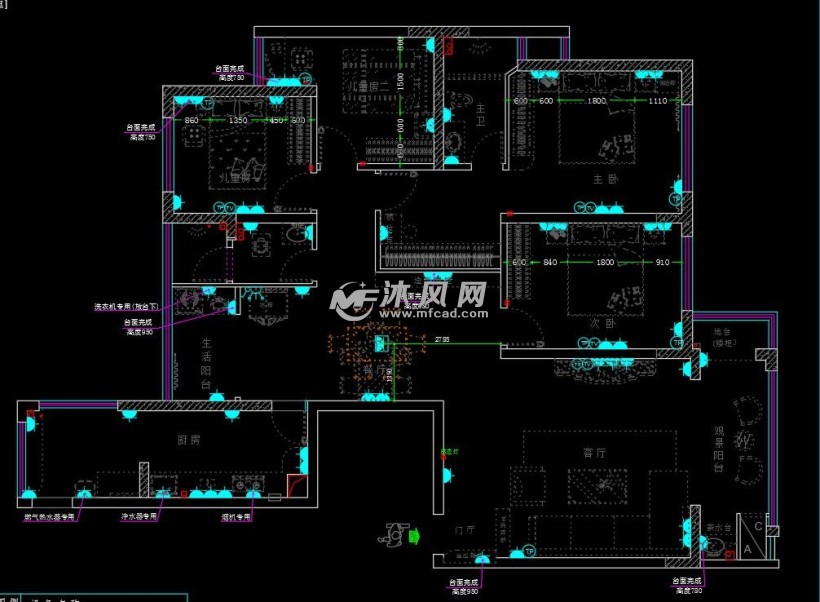 地面铺贴示意图 电视背景墙 电源插座示意图 儿童房二吊柜立面图 观景