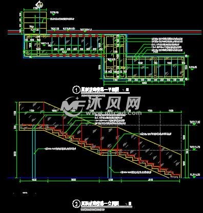 钢构楼梯及玻璃栏杆平立面图