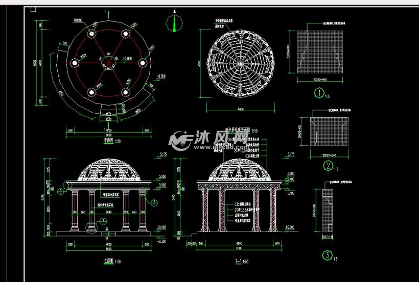 亭侧立面图圆拱形景观亭立面图圆拱形景观亭顶平面图图纸参数图纸id