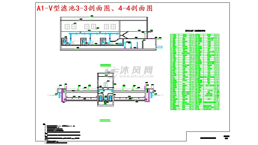 a1-v型滤池3-3剖面图,4-4剖面图