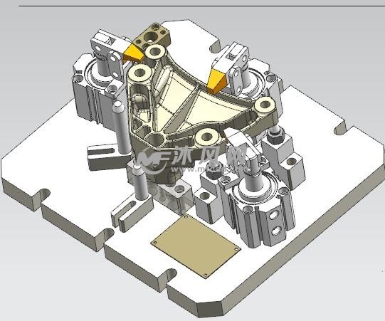 夹具          此图是左悬置支架的一序机加夹具模型,根据产品的结构