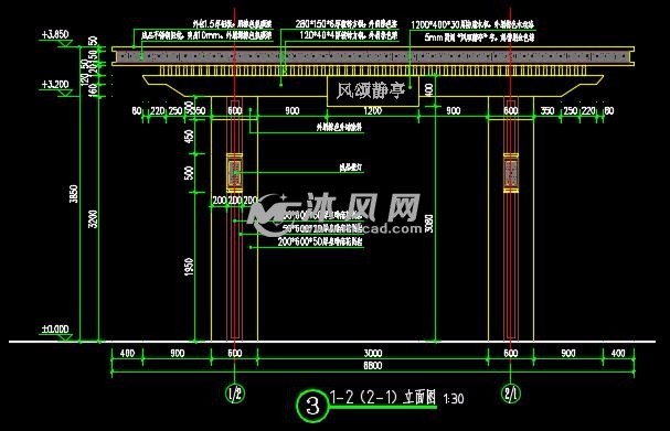 本门楼立柱采用钢筋混凝土结构,外有湿贴石材饰面,顶棚为钢结构