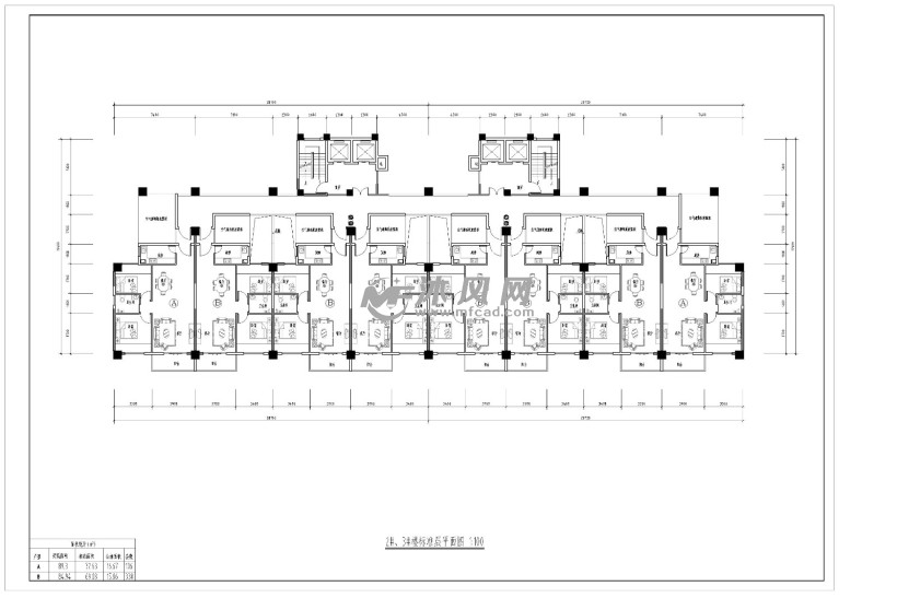 泉州某个已建成小区的户型平面图,包含有两梯八户的通廊式住宅