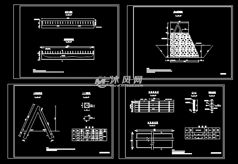 闸门建筑设计cad图,设计图纸包含坝体平面图,下游立视图,拦水坝剖面图