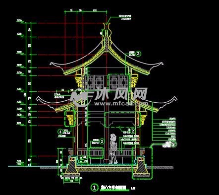 含结构图,景观亭为仿古亭,钢筋混凝土结构,双层屋檐设计,高15