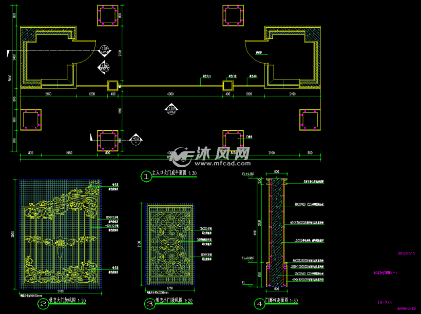 总平面家俱小品布置图,铺装大样详图,入口景墙详图,主入口大门详图