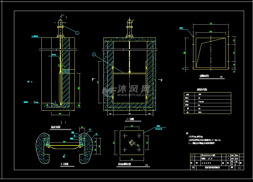 现浇混凝土矩形涵洞式水闸剖面图,铸铁闸门螺杆启闭机典型设计图