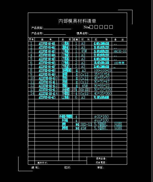 模具加工物料清单表