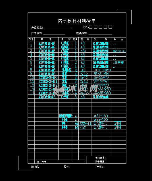 模具加工物料清单表