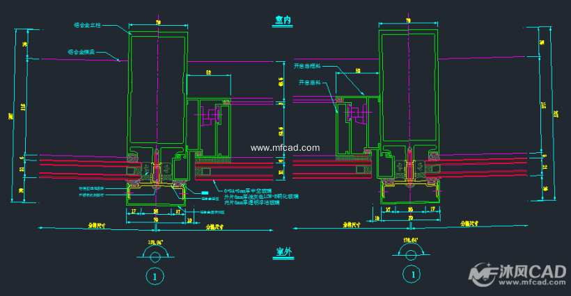 autocad竖明横隐幕墙开启扇横剖节点图