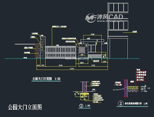 公园大门入口图纸,如下图所示:本图纸为大门入口平面立面图集,图纸中