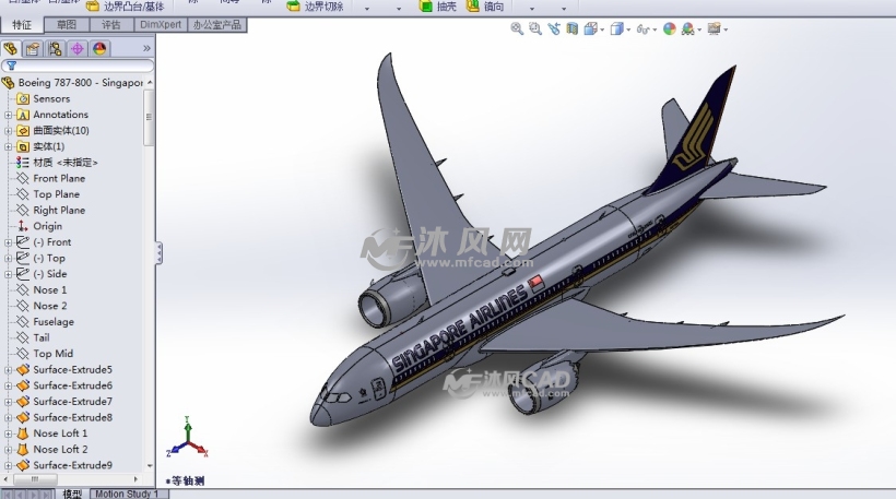 模型树侧视图俯视图本模型为solidwords波音-787模型,图纸格式为