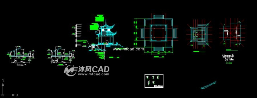 图纸包括爱晚亭立面,爱晚亭柱平面,爱晚亭架构平面,屋面板配筋图,台明