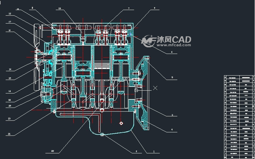 四缸柴油机纵横剖面图