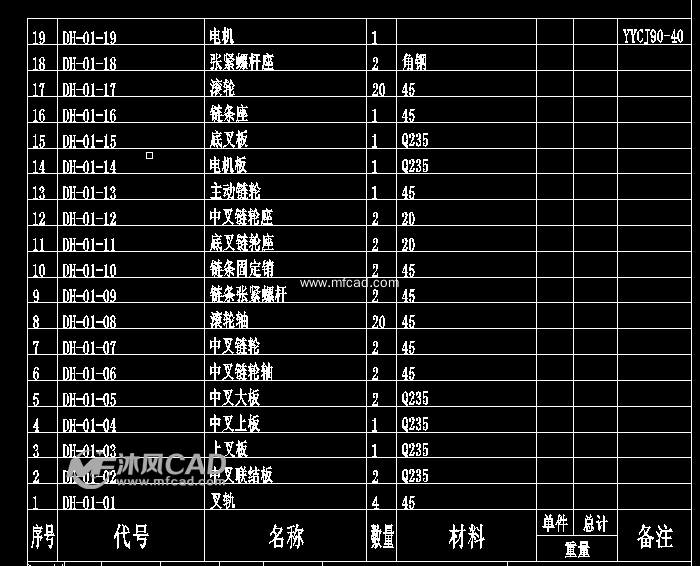 货叉机构装配图明细表