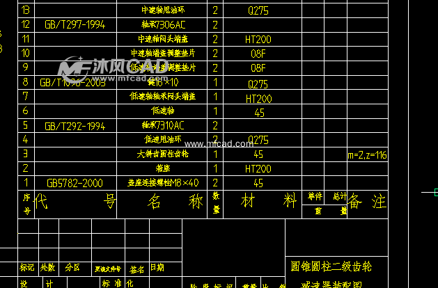 二級圓錐圓柱齒輪減速機零部件明細欄