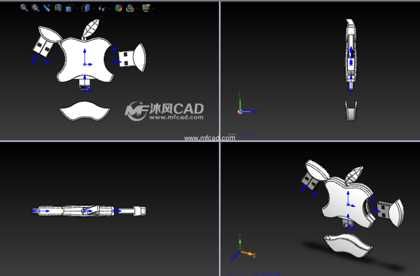 苹果logo造型之u盘设计模型(创新)三视图