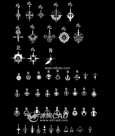 常见的几十种指北针cad设计图